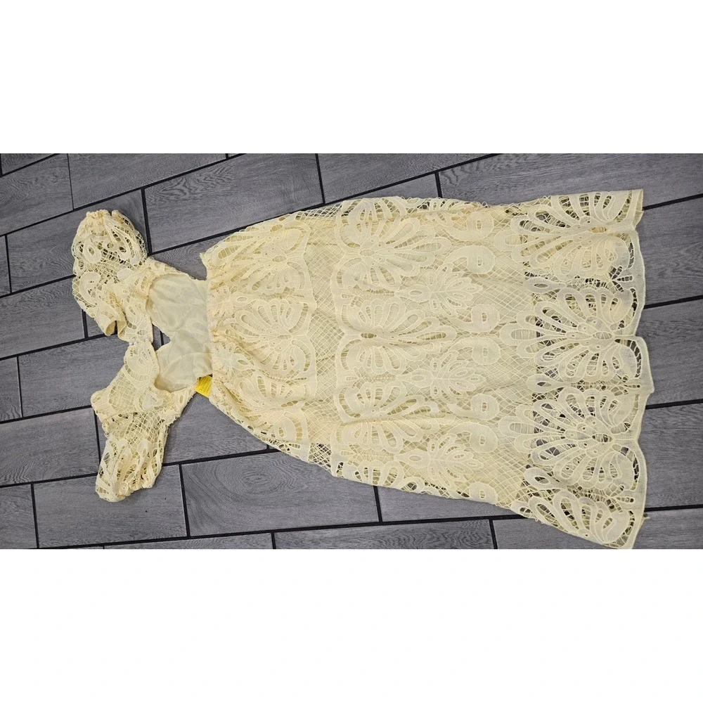 Yellow Guipure Lace Cut Out Maxi Dress Puff Sleeve Open Back V- Neck XL